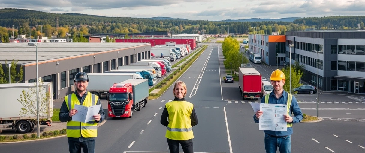 Das Bild zeigt eine moderne Stadtansicht von Offenburg mit Lagerhallen, LKWs und Personen in Arbeitskleidung, die Checklisten oder Bewerbungsunterlagen halten, um Logistik-Jobs und Karrieretipps darzustellen. Symbole wie Listen, Uhren und stilisierte Jobangebote unterstreichen die Themen Stellenausschreibungen und Bewerbungsvorbereitung.