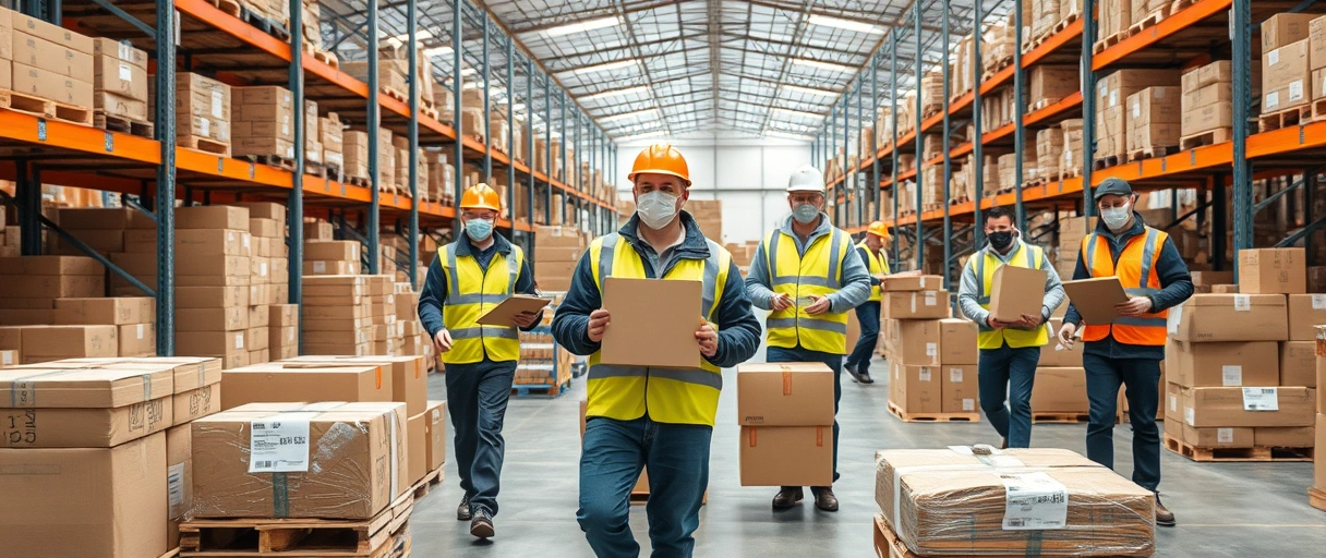 Ein dynamisches Lagerumfeld mit Arbeitern, die Pakete sortieren, Gabelstapler bedienen und Waren transportieren, um die vielfältigen Möglichkeiten für Quereinsteiger in der Logistikbranche zu veranschaulichen. Unterschiedliche Personen in Arbeitskleidung zeigen rege Aktivitäten wie Kommissionieren, Verpacken und organisatorische Abläufe ohne textliche Elemente.