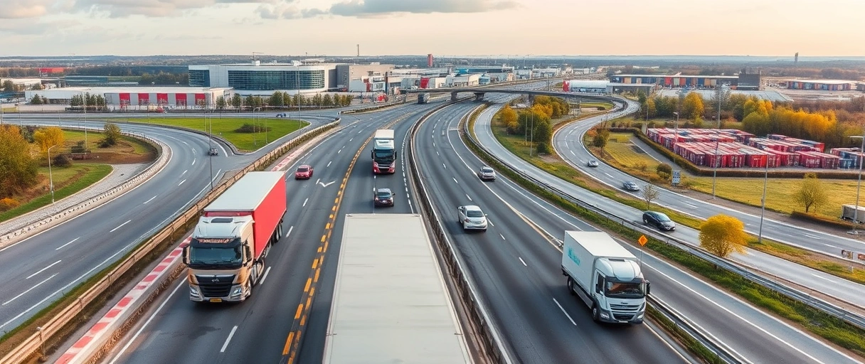 Ein Vogelperspektiv-Bild zeigt Oldenburgs verkehrsgünstige Lage mit LKWs auf Autobahnen, modernen Logistikzentren und einem Straßennetz, das die Stadt mit Bremen und den Niederlanden verbindet. Im Hintergrund sind Gewerbegebiete mit Lagerhallen und Containerterminals zu sehen, die die dynamische Logistikbranche symbolisieren.