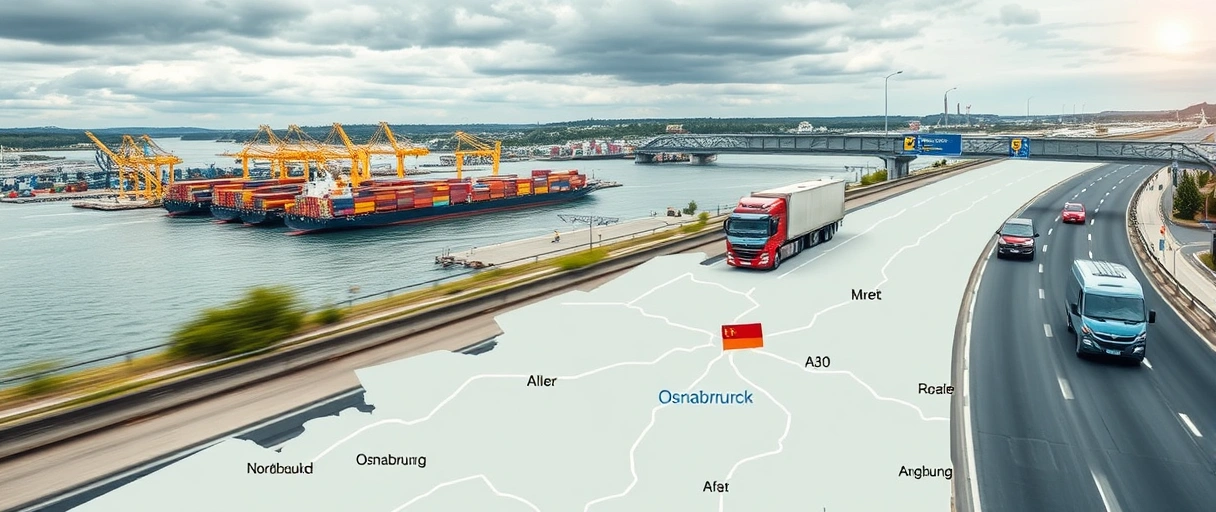 Ein dynamisches Bild zeigt den Osnabrücker Hafen mit Lastkähnen, Kränen und Containern, während Lkw auf nahen Autobahnen (A1/A30) fahren. Im Hintergrund ist eine stilisierte Karte Norddeutschlands mit Fokus auf Osnabrücks zentraler Lage.
