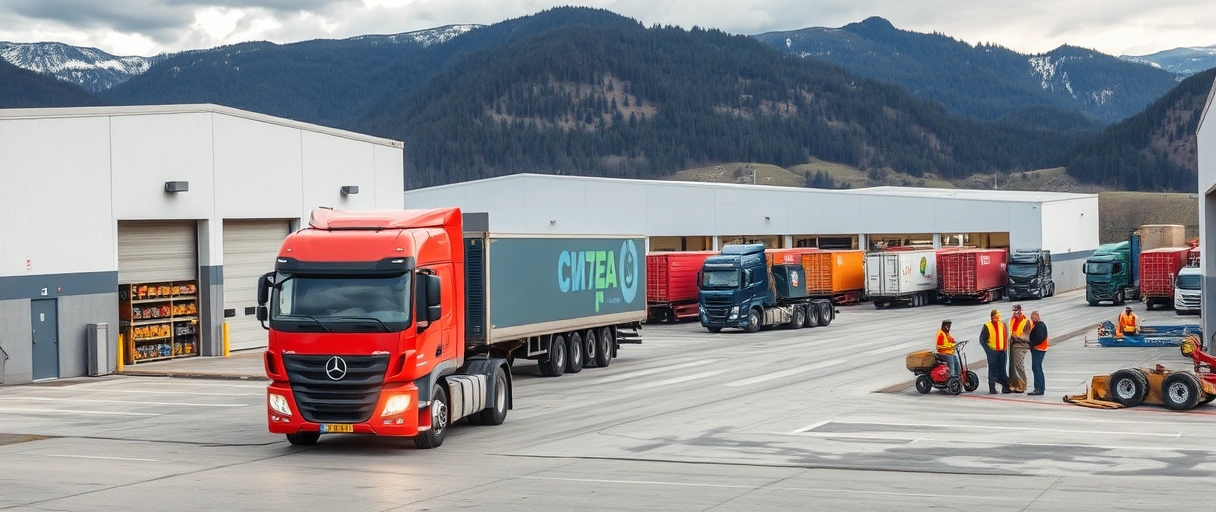 Ein dynamisches Logistikzentrum in der Ostschweiz mit Mitarbeitern, die Ware in modernen Lagerhallen verwalten, umgeben von einer malerischen Berglandschaft. Im Vordergrund sind ein Lkw und eine Gabelstapler bei der Arbeit zu sehen, während ein Team im Hintergrund koordiniert.