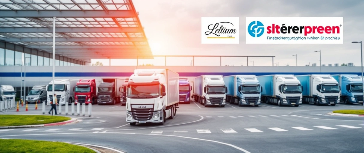 Ein modernes Logistikzentrum mit LKWs auf nahen Autobahnen, umgeben von Industriearchitektur, symbolisiert die dynamische Branche in Paderborn. Mitarbeiter im Hintergrund und Firmenlogos großer Unternehmen unterstreichen die vielfältigen Jobmöglichkeiten.