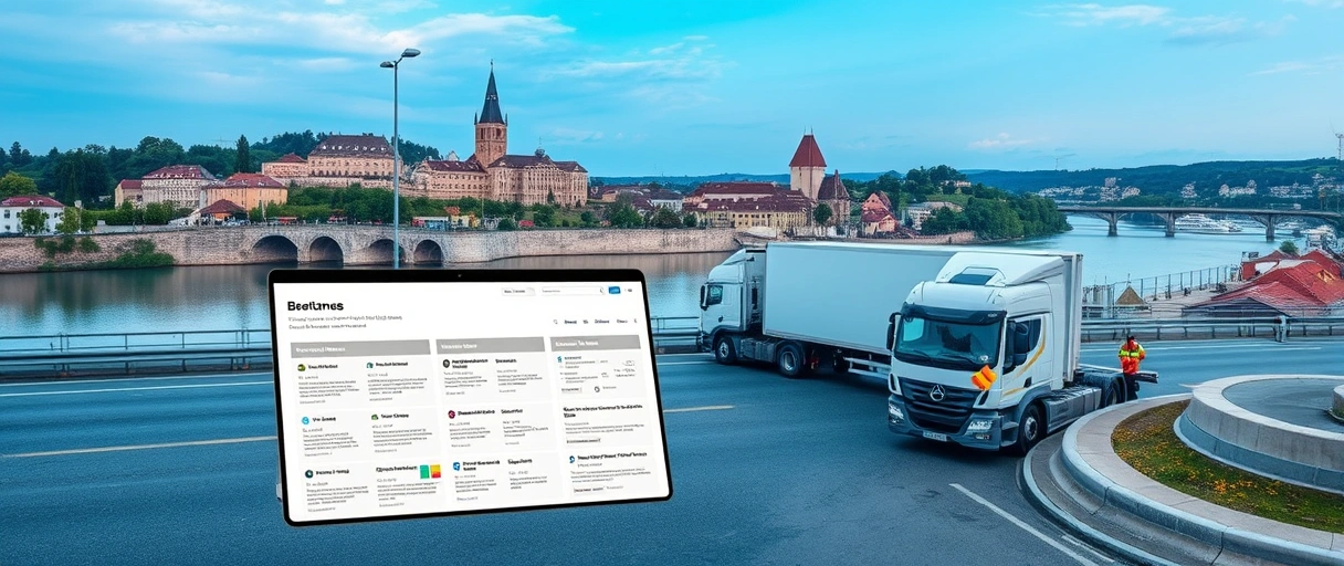 Ein modernes Logistikzentrum in Passau mit LKWs und Mitarbeitern bei der Arbeit, vor der Kulisse der historischen Flusslandschaft. Im Vordergrund liegt eine Bewerbungsmappe neben einem Laptop mit Stellenanzeigen.