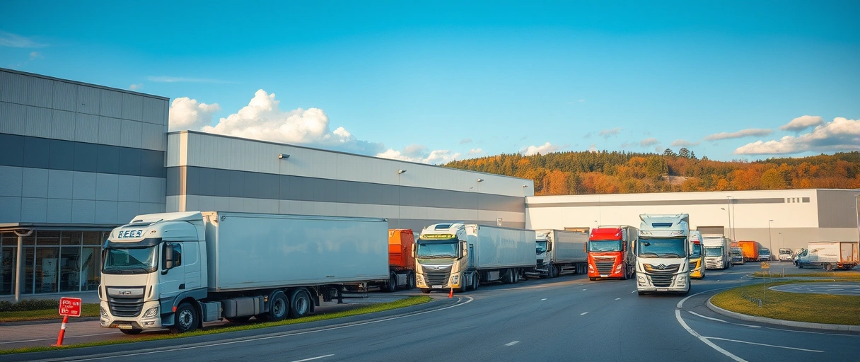 Ein dynamisches Logistikzentrum in Pforzheim mit Gabelstaplern, LKWs an Autobahnanschlüssen und Mitarbeitern in Arbeitskleidung, vor der Kulisse industrieller Gebäude und umgeben von der typischen Landschaft Baden-Württembergs.