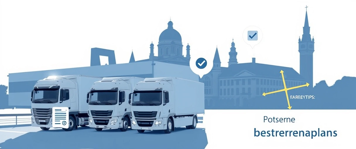 Ein modernes Logistikzentrum in Potsdam mit LKWs und Mitarbeitern im Hintergrund, vor der Silhouette historischer Gebäude. Symbole wie Checklisten, Bewerbungsmappen und ein hervorgehobener Stadtplan visualisieren Jobsuche und Karrieretipps.