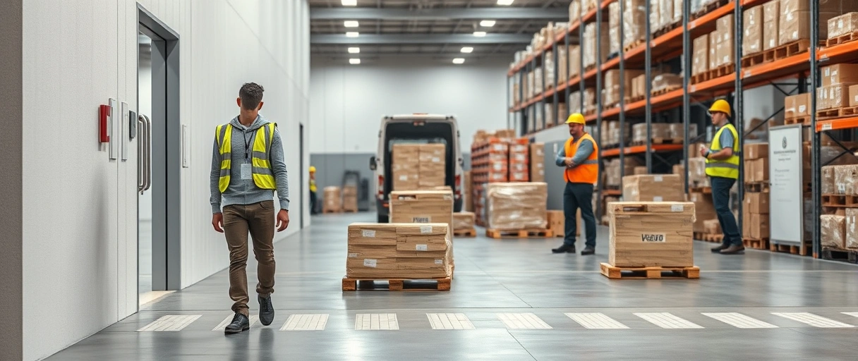 Eine Person in Alltagskleidung betritt motiviert ein Lager mit Paletten und Lieferwagen, während Kollegen in Arbeitswesten im Hintergrund kooperativ Aufgaben erledigen. Symbolische Pfeile und ein Mix aus Büro- und Logistikumgebungen visualisieren den branchenübergreifenden Einstieg.