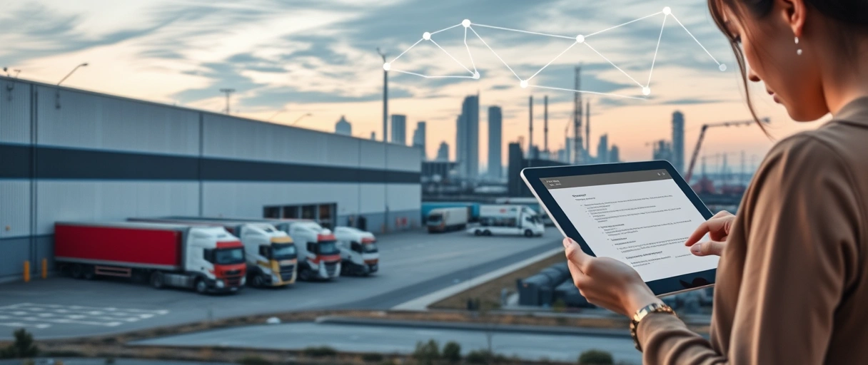 Ein Bild zeigt eine moderne Lagerhalle mit Logistikfahrzeugen vor der Skyline Ravensburgs, daneben eine Person mit Bewerbungsunterlagen. Im Hintergrund sind symbolisch vernetzte Industriegebäude und ein Tablet mit einem Stellenangebot zu sehen.