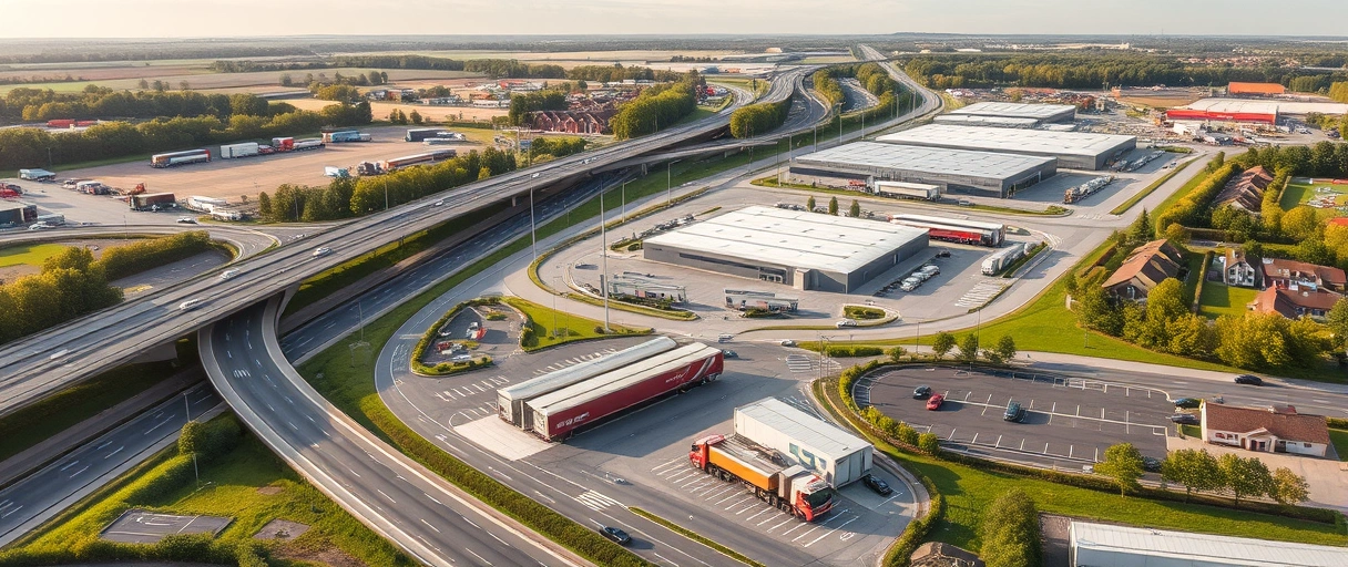 Ein Bild zeigt Recklinghausen mit einem dichten Autobahnnetz und Logistikparks wie Hochlarmark, um die verkehrsgünstige Lage als Logistikstandort zu veranschaulichen. Im Vordergrund sind moderne Lagerhallen, LKWs und Gewerbegebiete zu sehen, die die Vielfalt der ansässigen Unternehmen symbolisieren.