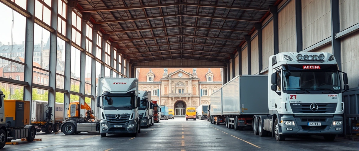 Ein modernes Logistikzentrum mit LKWs und Mitarbeitern bei der Arbeit, vor der malerischen Kulisse der historischen Regensburger Altstadt. Dynamische Arbeitsatmosphäre in einer Lagerhalle mit Blick auf die typische Architektur der Stadt.
