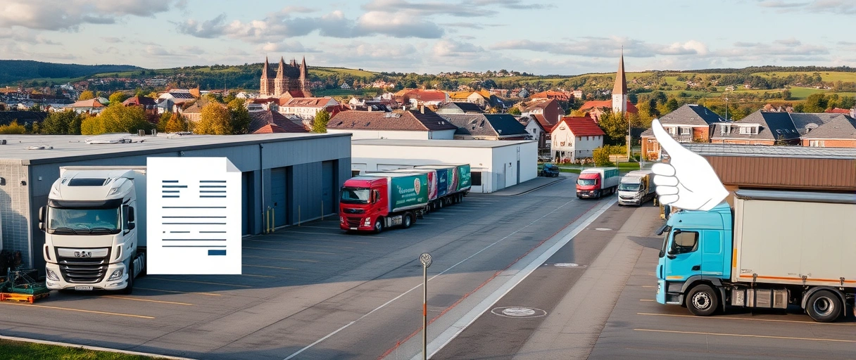 Das Bild zeigt eine moderne Logistikumgebung in Reutlingen mit Lagerhallen, LKWs und Fachkräften bei der Arbeit, vor der Kulisse der malerischen Stadt. Symbole wie ein Lebenslauf oder ein Händedruck deuten auf Karrierechancen und erfolgreiche Bewerbungen hin.