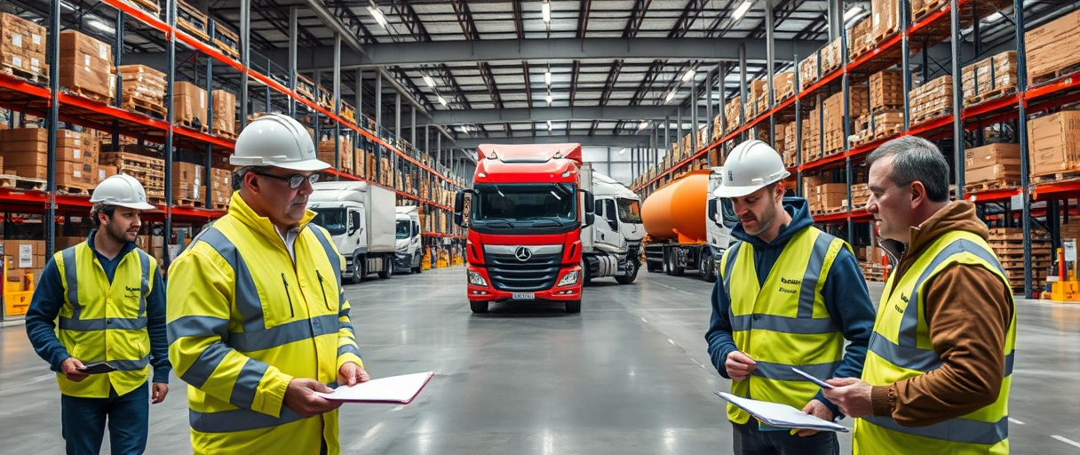 Das Bild zeigt ein modernes Logistikzentrum mit Lagerregalen, LKWs im Hintergrund und Mitarbeitern in Sicherheitskleidung, die Waren sortieren. Im Vordergrund diskutieren Bewerber mit Unterlagen vor einer Skyline von Rosenheim.