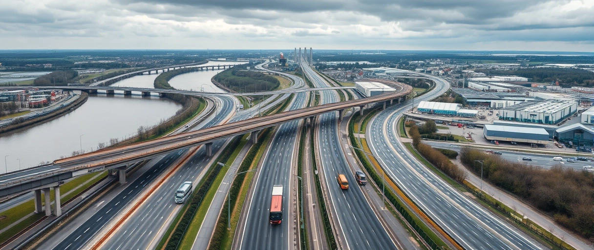 Ein Panorama des Ruhrgebiets mit Autobahnen, Schienen, Wasserstraßen und modernen Logistikzentren im Hintergrund, umgeben von LKWs, Zügen und automatisierten Lagern mit Robotik. Die dynamische Szene zeigt eine industrielle, tech-orientierte Infrastruktur mit regem Warenverkehr.