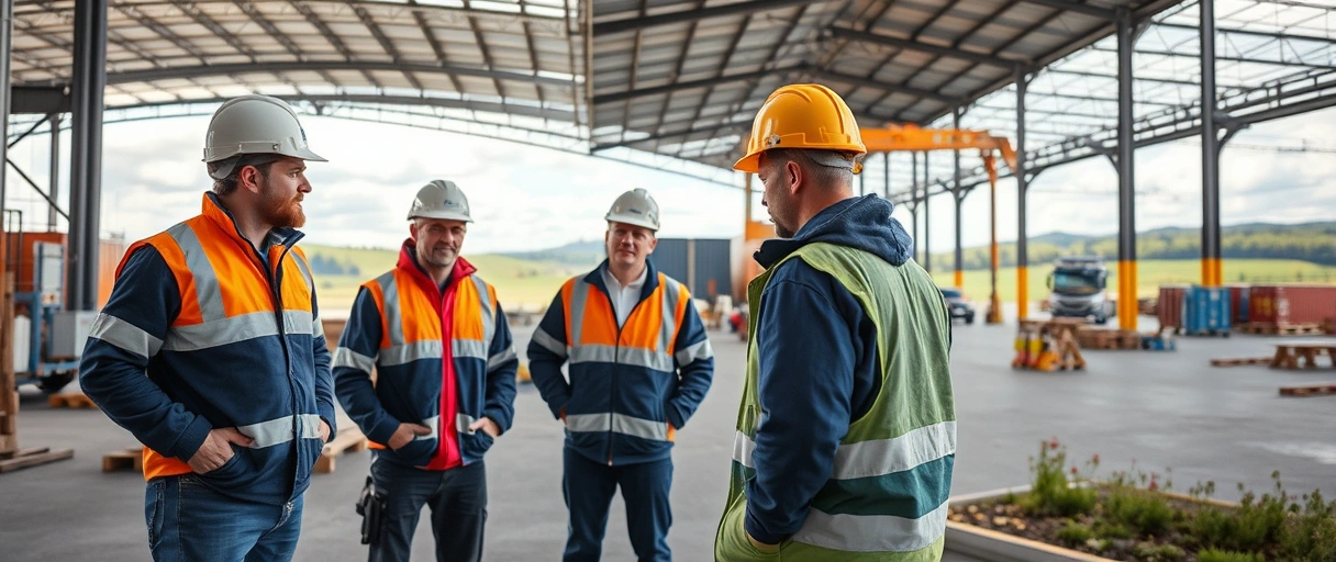 Ein dynamisches Logistikzentrum im Saarland zeigt Mitarbeiter bei der Warenorganisation mit moderner Technik, vor saarländischer Landschaftskulisse. Berufstätige in Sicherheitskleidung arbeiten effizient zusammen, um Chancen und Flexibilität der Branche zu symbolisieren.
