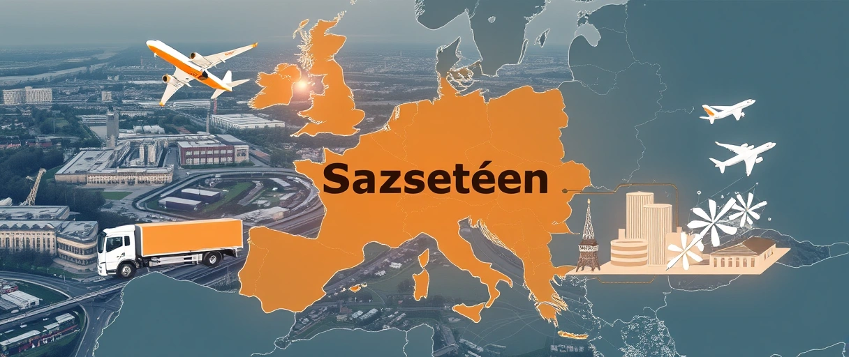 Ein Bild zeigt eine europäische Karte mit hervorgehobenem Sachsen, umgeben von Logistik-Symbolen wie LKWs, Zügen, Frachtflugzeugen und Lagerhallen. Im Hintergrund sind moderne Industriegebiete und dynamische Stadtansichten von Leipzig oder Dresden zu sehen, die wirtschaftliche Aktivität und Vernetzung symbolisieren.