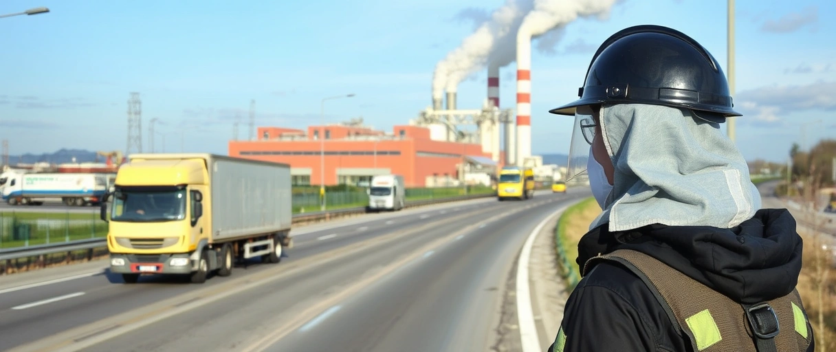 Das Bild zeigt eine belebte Industriezone mit Lastwagen auf einer Autobahn, Lagerhallen im Hintergrund und einer Person mit Schutzhelm, die vor rauchenden Fabrikschornsteinen Notizen auf einem Klemmbrett macht.
