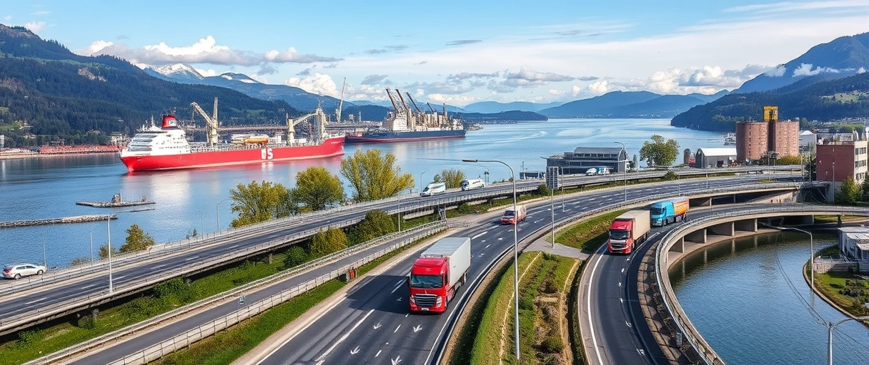 Ein Bild zeigt den Rhein mit Frachtschiffen vor industriellen Anlagen im Hintergrund, während LKWs auf nahen Autobahnen (A4/A7) fahren und Lagerhallen die Logistik-Infrastruktur von Schaffhausen unterstreichen. Die Szene betont die strategische Lage an der Grenze zu Deutschland mit Transportwegen zu Land und Wasser.