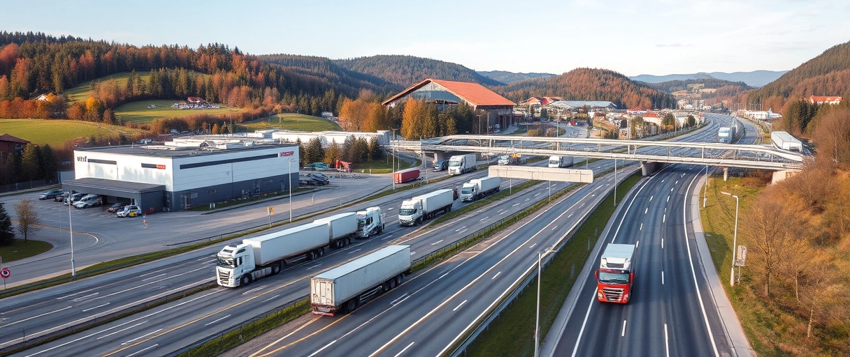 Eine moderne Industrielandschaft mit Logistikzentren, Autobahnanschlüssen und LKW-Verkehr in Schorndorf, umgeben von typisch schwäbischer Hügelkulisse. Verschiedene Firmenstandorte – vom traditionellen Lagerhaus bis zum innovativen Tech-Campus – spiegeln die vielfältigen Karrieremöglichkeiten in der boomenden Branche wider.