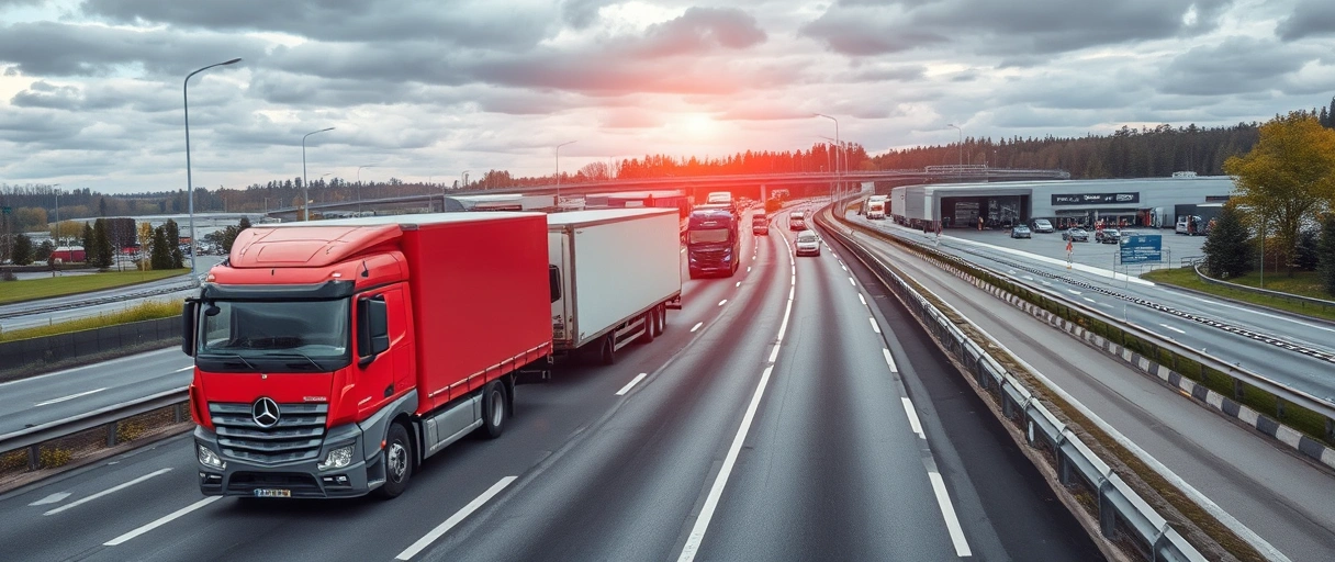 Ein modernes Logistikzentrum mit Lastwagen auf Autobahnen und einer hervorgehobenen Karte, die Schweinfurts zentrale Lage in Deutschland sowie Verbindungen zu Städten wie Frankfurt und Nürnberg zeigt. Im Hintergrund sind Arbeiter in Sicherheitswesten und Lagerhallen zu erkennen, die effiziente Abläude symbolisieren.