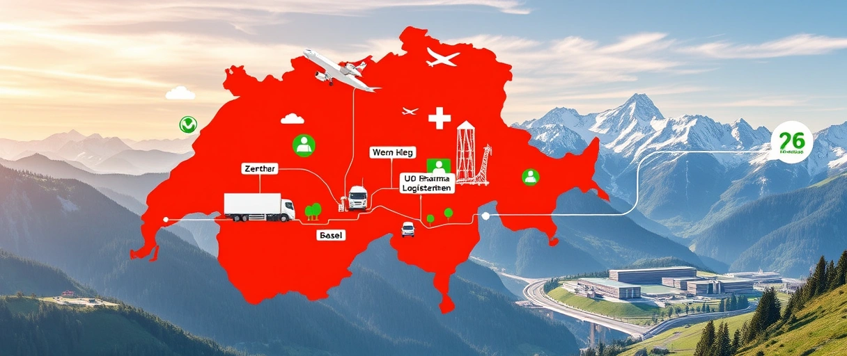 Eine illustrierte Karte der Schweiz mit Symbolen wie LKWs, Flugzeugen über Zürich, Pharma-Logistikzentren bei Basel und grünen Supply-Chain-Verbindungen. Im Hintergrund moderne Lagerhallen und Berglandschaften, die internationale Vernetzung und nachhaltige Transportwege betonen.