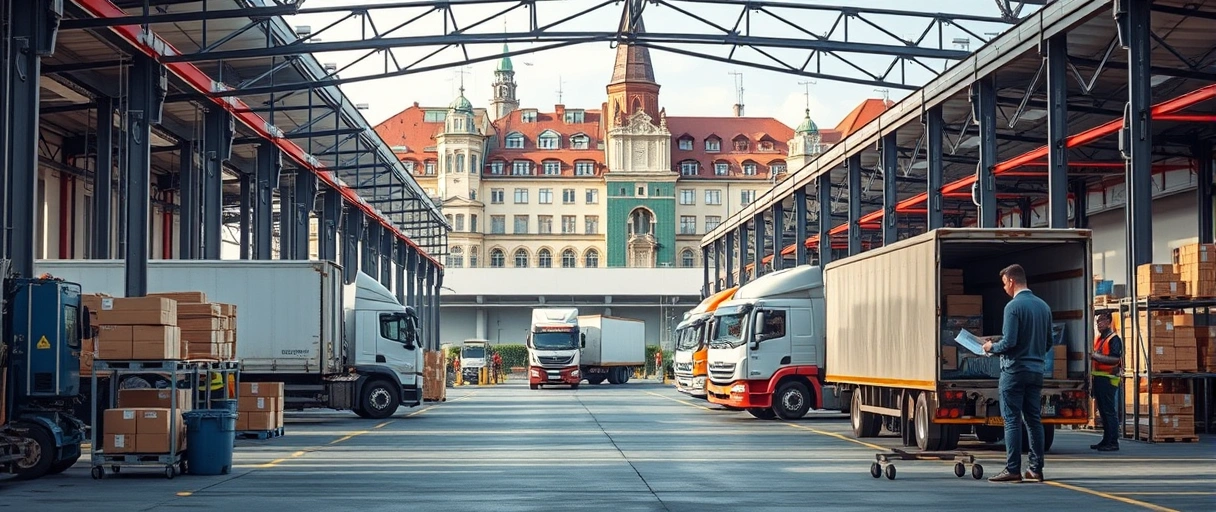 A dynamic scene of a modern logistics warehouse in Schwäbisch Gmünd with workers managing packages, trucks loading goods, and a person reviewing documents, set against a backdrop of the city’s recognizable architecture. The image emphasizes efficient workflows and career opportunities without any text.