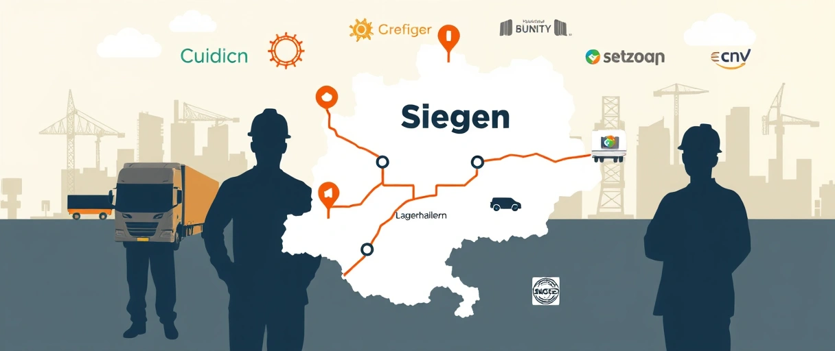 Das Bild zeigt eine illustrierte Karte der Region Siegen mit hervorgehobenen Verkehrsrouten, umgeben von Symbolen wie LKWs, Lagerhallen und Logistikzentren. Im Hintergrund sind stilisierte Silhouetten von Arbeitenden sowie Logos bekannter Unternehmen zu erkennen, die die dynamische Branche symbolisieren.