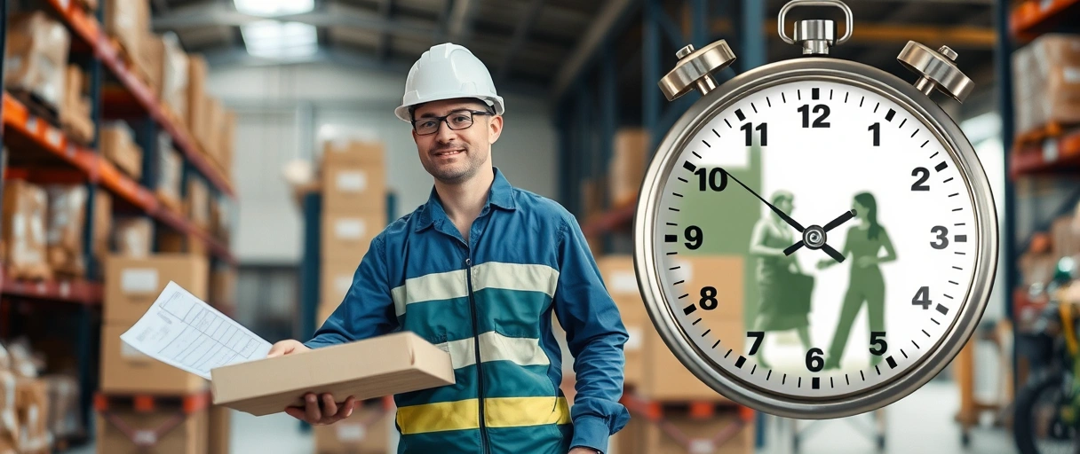 Ein dynamisches Bild zeigt eine Person in Logistik-Arbeitskleidung, die in einem Lager mit Paletten und einem Lieferschein arbeitet, während eine Uhr mit reduzierten Stunden und eine entspannte Privatszene im Hintergrund die Vereinbarkeit von Job und Freizeit symbolisieren.