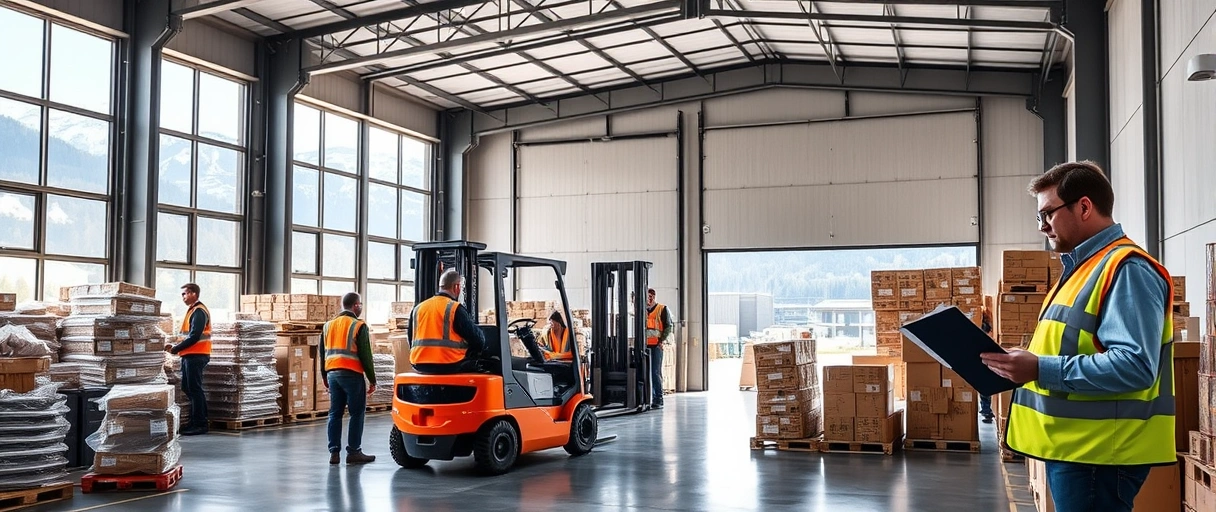 A dynamic scene in a modern Thun warehouse with workers in safety vests organizing packages, a forklift moving goods, and a person holding a clipboard, framed by Swiss mountain views through large windows.
