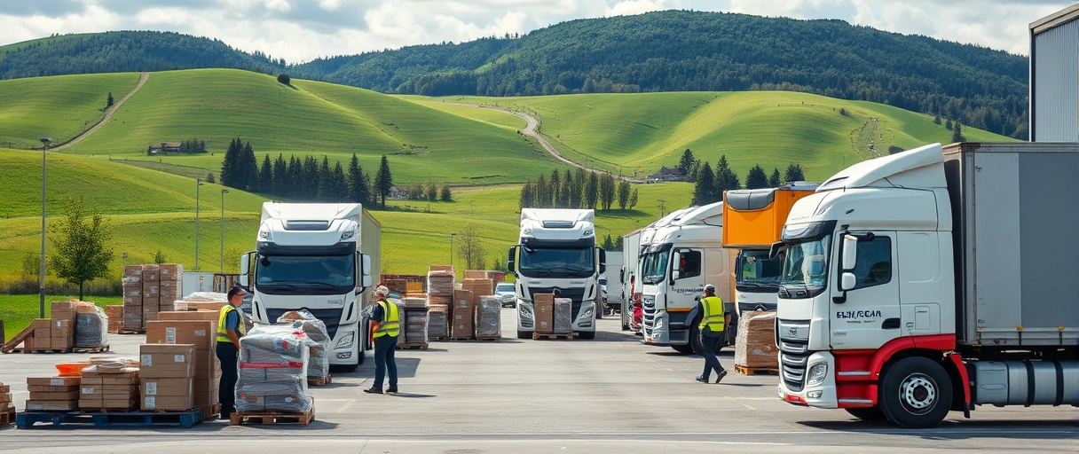 Ein modernes Logistikzentrum im Thurgau mit Mitarbeitern in Sicherheitswesten, die Waren auf Paletten organisieren und LKWs beladen, vor der Kulisse einer typisch grünen, hügeligen Schweizer Landschaft.