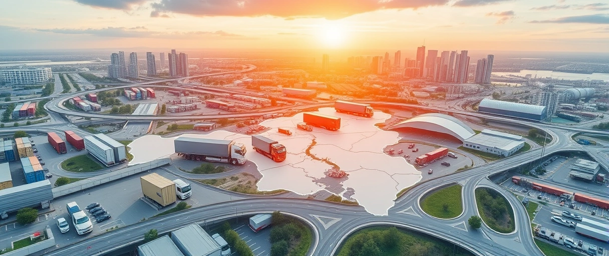 Ein dynamisches Bild zeigt eine hervorgehobene Karte Thüringens mit Logistik-Symbolen wie LKWs, Frachtcontainern und modernen Lagerhallen, umgeben von einem Netzwerk aus Straßen und einer Skyline mit Bürogebäuden.