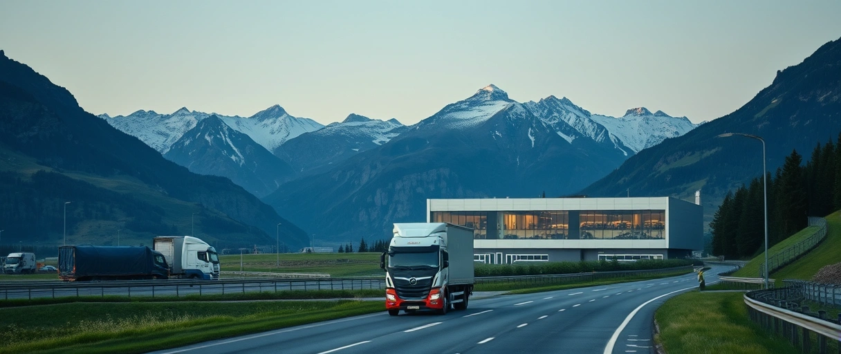 Ein Bild zeigt eine alpine Berglandschaft mit LKWs auf einer Autobahn im Vordergrund, vor einem modernen Logistikzentrum mit Mitarbeitern in Sicherheitswesten.