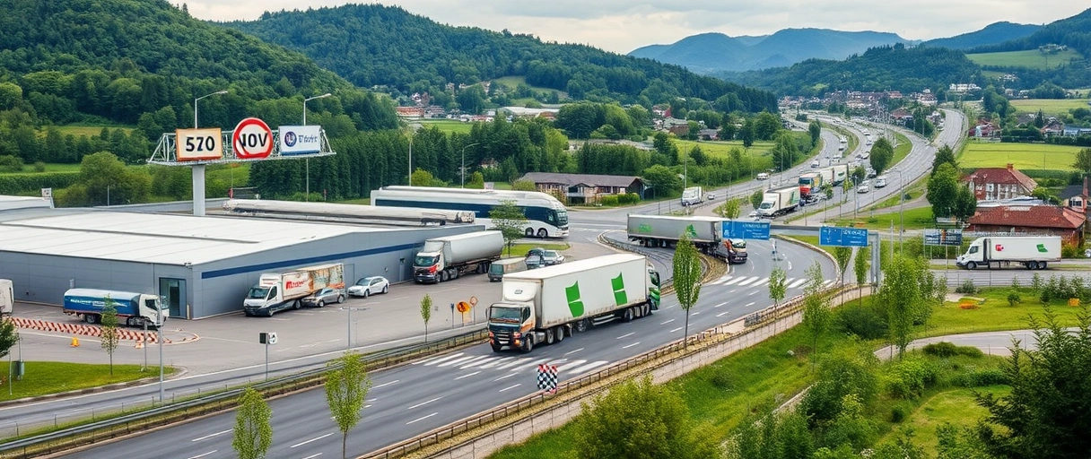 Ein Bild zeigt eine moderne Stadtansicht von Trier mit Logistikzentren, Lagerhallen und LKWs vor der Kulisse von Autobahnanbindungen, umgeben von der grünen Landschaft des Dreiländerecks. Fachkräfte in Arbeitskleidung sind in dynamischen Arbeitsumgebungen zu sehen, die Transportplanung und Lagerprozesse symbolisieren.