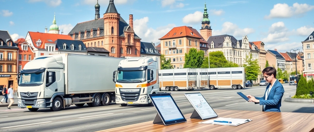 Ein dynamisches Bild zeigt Tübingens historische Altstadt im Hintergrund mit modernen Logistikaktivitäten im Vordergrund: LKWs, Lagerhallen, Mitarbeiter mit Tablets und ein Bewerbungsordner auf einem Schreibtisch. Frische Farben und eine einladende Atmosphäre verbinden Tradition mit industrieller Innovation.