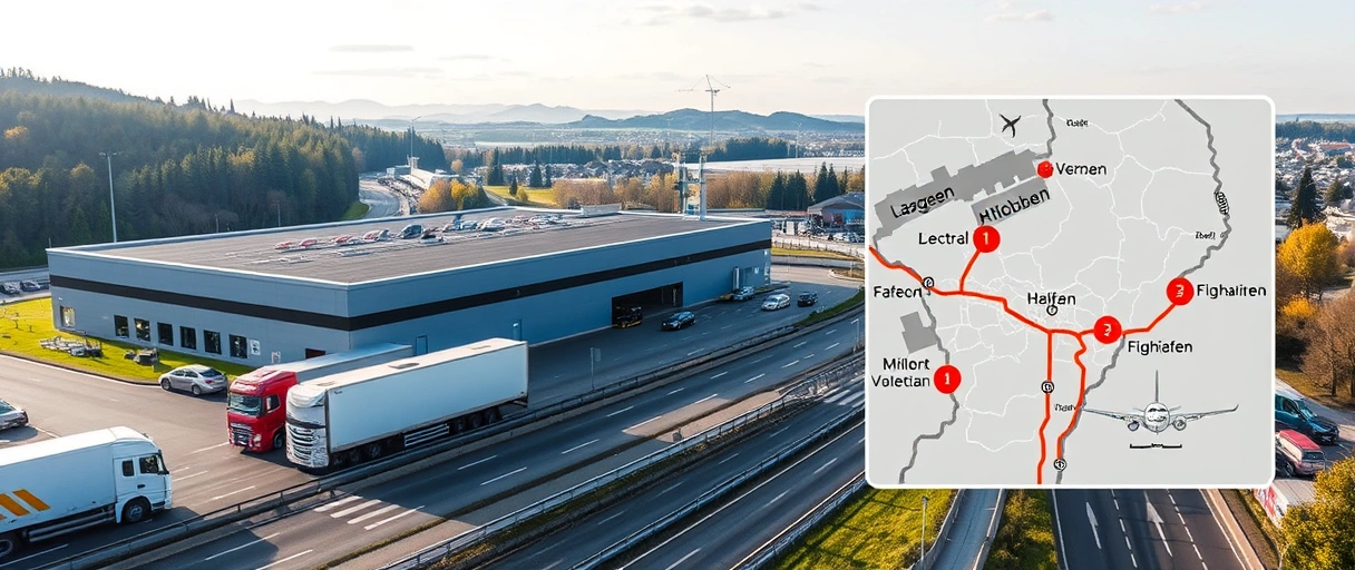 Ein Bild zeigt eine moderne Lagerhalle in Velbert mit LKWs auf nahen Autobahnen und symbolischen Transportrouten zu Häfen und Flughäfen. Im Hintergrund verdeutlicht eine stilisierte Karte die zentrale Lage der Stadt im Rheinland mit hervorgehobenen Verkehrsverbindungen.