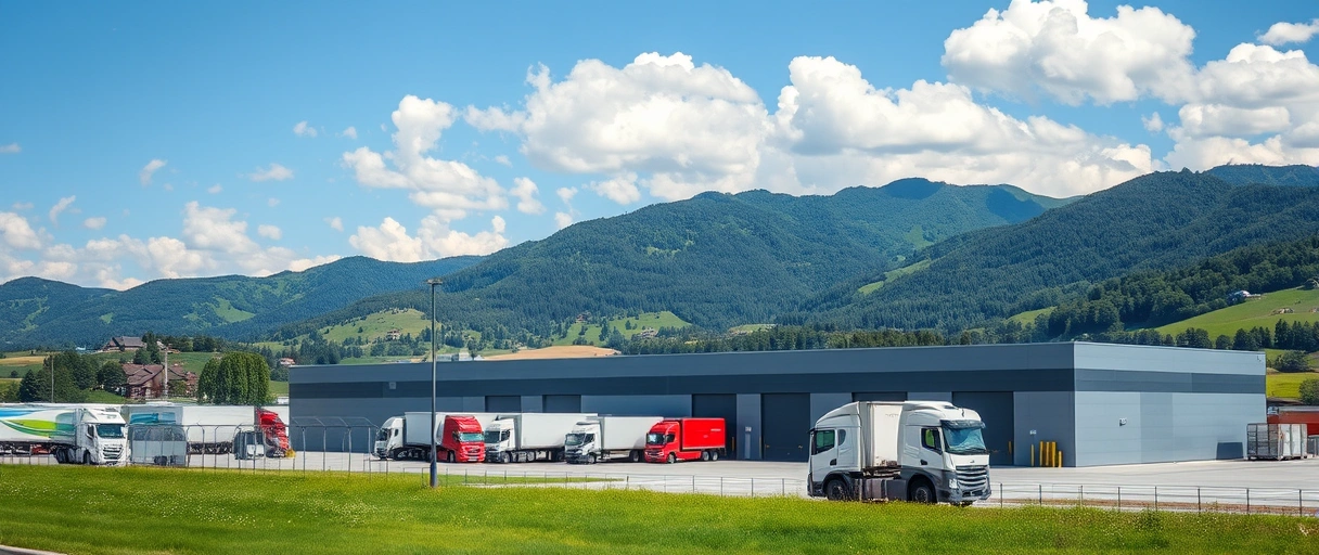 Ein Bild zeigt eine moderne Logistikzentrale mit LKWs und Lagerhallen im Vordergrund, vor der Kulisse der bergigen Landschaft Vorarlbergs. Im Hintergrund sind typische Industriegebäude und grüne Hügel unter blauem Himmel zu sehen.