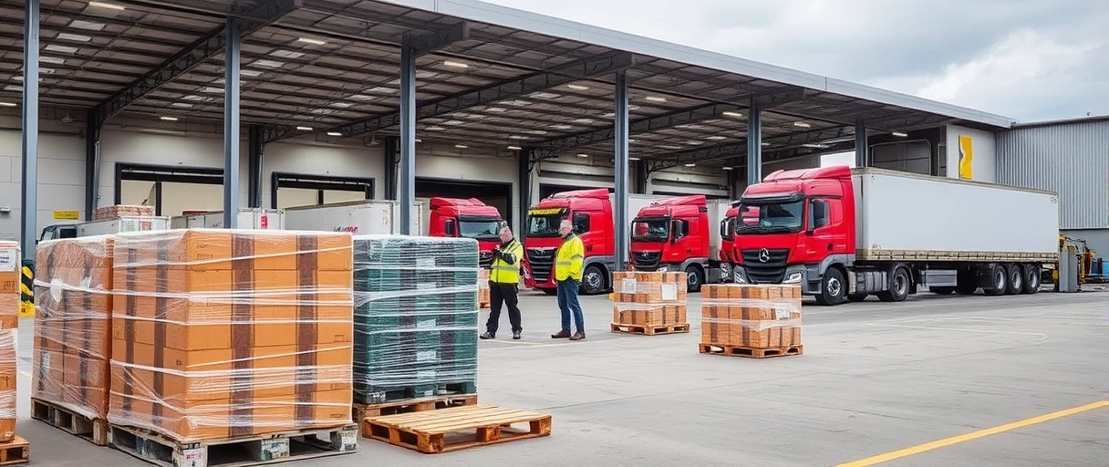 Das Bild zeigt ein modernes Logistikzentrum in Waiblingen mit Lagerhallen, LKWs im Hintergrund und Mitarbeitern in Sicherheitskleidung, die Ware verladen. Im Vordergrund sind Gabelstapler sowie Paletten zu sehen, während die Umgebung die industrielle Infrastruktur und verkehrsgünstige Lage betont.