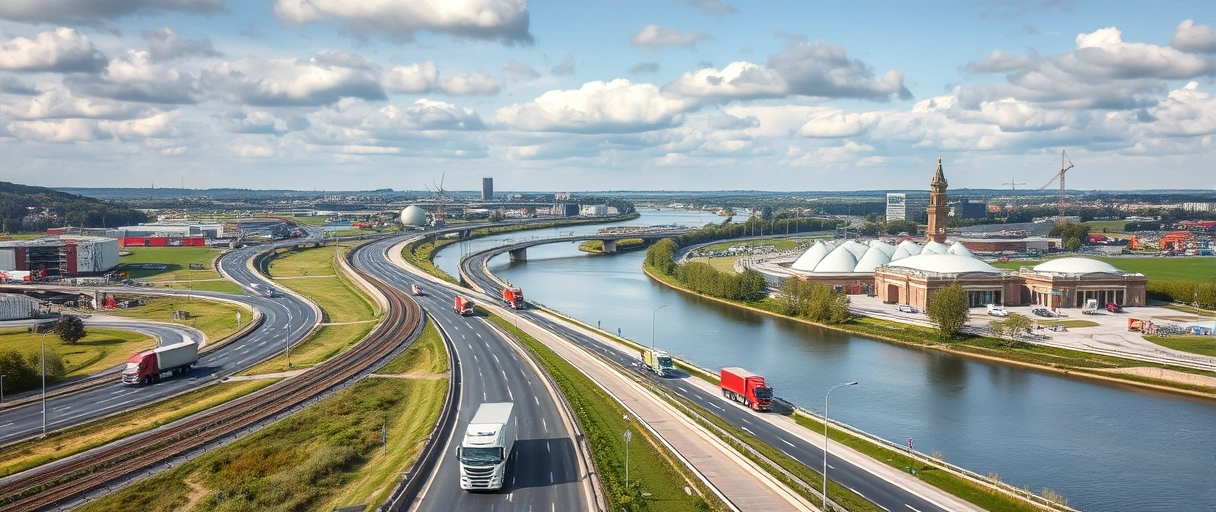 Ein dynamisches Bild zeigt Wesel mit Autobahnen, LKWs und dem Rhein als Verkehrsadern, umgeben von Logistikzentren und Lagerhallen. Im Hintergrund sind schemenhaft die Niederlande zu erkennen, während Arbeiter und Lastkräne rege Betriebsamkeit vermitteln.
