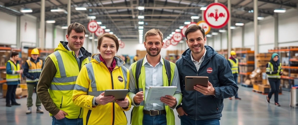 Ein Bild zeigt moderne Logistikzentren und Lagerhallen im Großraum Wien mit Mitarbeitern in Arbeitskleidung, umgeben von typischen Wiener Wahrzeichen. Im Vordergrund sind Bewerber mit Tablets oder Unterlagen zu sehen, die sich in einem dynamischen, zukunftsorientierten Arbeitsumfeld austauschen.