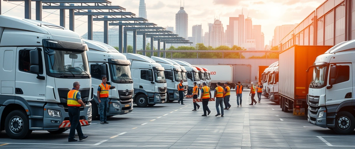 Ein modernes Logistikzentrum in Wiesbaden mit Fachkräften bei der Arbeit, umgeben von LKWs und Lagerregalen, im Hintergrund die charakteristische Skyline der Stadt. Dynamische Teamarbeit und effiziente Abläufe vermitteln die vielfältigen Karrieremöglichkeiten in der Branche.