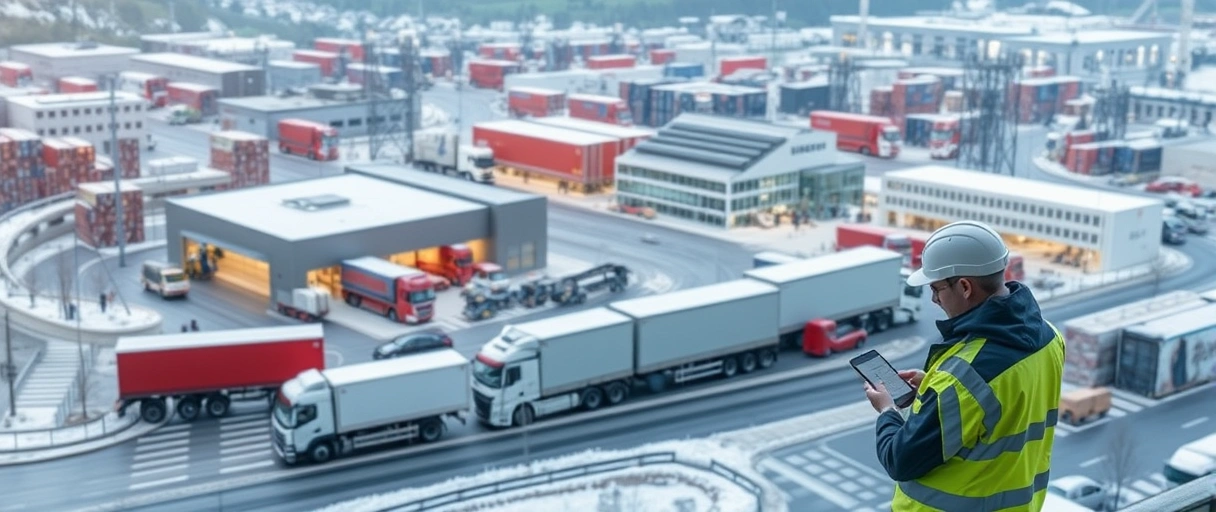Ein dynamisches Stadtpanorama von Winterthur mit LKWs, Lagerhallen und digitalen Supply-Chain-Elementen, umgeben von Fachkräften in Sicherheitskleidung, die Waren managen und Tablets nutzen.