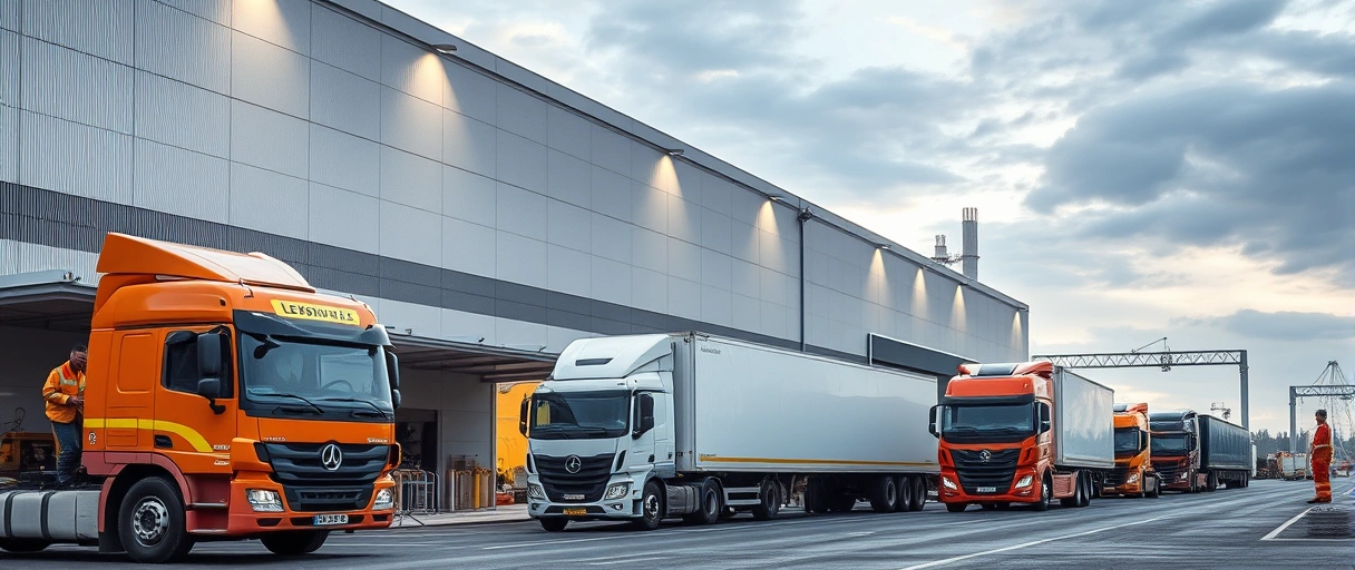 Eine moderne Lagerhalle mit Logistikmitarbeitern und Lkw in Aktion, vor dem Hintergrund der Wolfsburger Skyline mit dem Volkswagen-Werk. Das Bild symbolisiert die enge Verbindung zwischen Automobilindustrie und Logistikbranche in der Region.