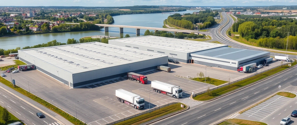 Das Bild zeigt ein modernes Logistikzentrum mit LKWs und Lagerhallen in Worms. Im Hintergrund sind der Rhein und eine nahegelegene Autobahn zu sehen, die die verkehrsgünstige Lage betonen.