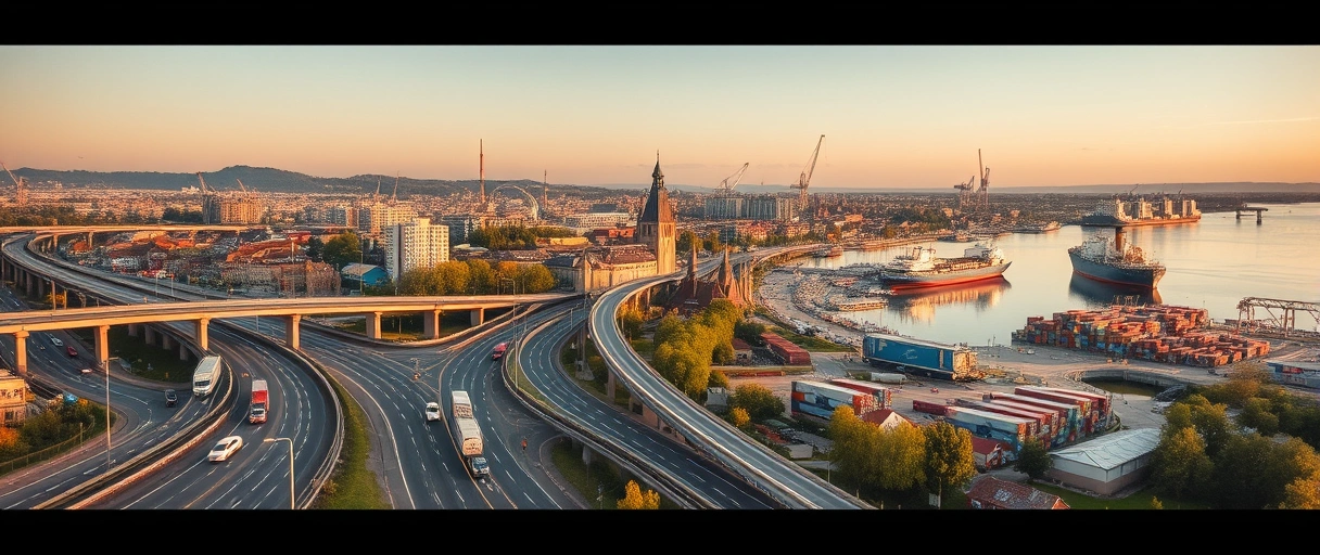 Das Bild zeigt eine Vogelperspektive von Würzburg mit Autobahnkreuzen, LKWs auf den Straßen, einem belebten Hafen am Main mit Containerschiffen sowie Lagerhallen im Hintergrund vor der historischen Stadtsilhouette. Die Szene verbindet moderne Logistik-Infrastruktur mit der charmanten Kulisse der Weinregion.