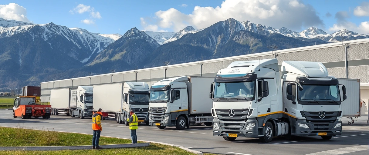 Ein Bild zeigt eine moderne Logistikzentrale in der Zentralschweiz mit Bergen im Hintergrund, wo Mitarbeiter in Sicherheitskleidung Ware verladen, während LKWs und Züge Güter transportieren. Die Szenerie verbindet alpine Landschaft mit dynamischer Industriearbeit.