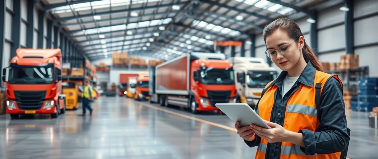 Ein dynamisches Bild einer modernen Logistik-Halle in Zug mit Mitarbeitern, die Waren verwalten, sowie LKWs und Zügen im Hintergrund. Im Vordergrund symbolisiert eine Person mit Tablet oder Bewerbungsunterlagen Karrieremöglichkeiten in der Branche.