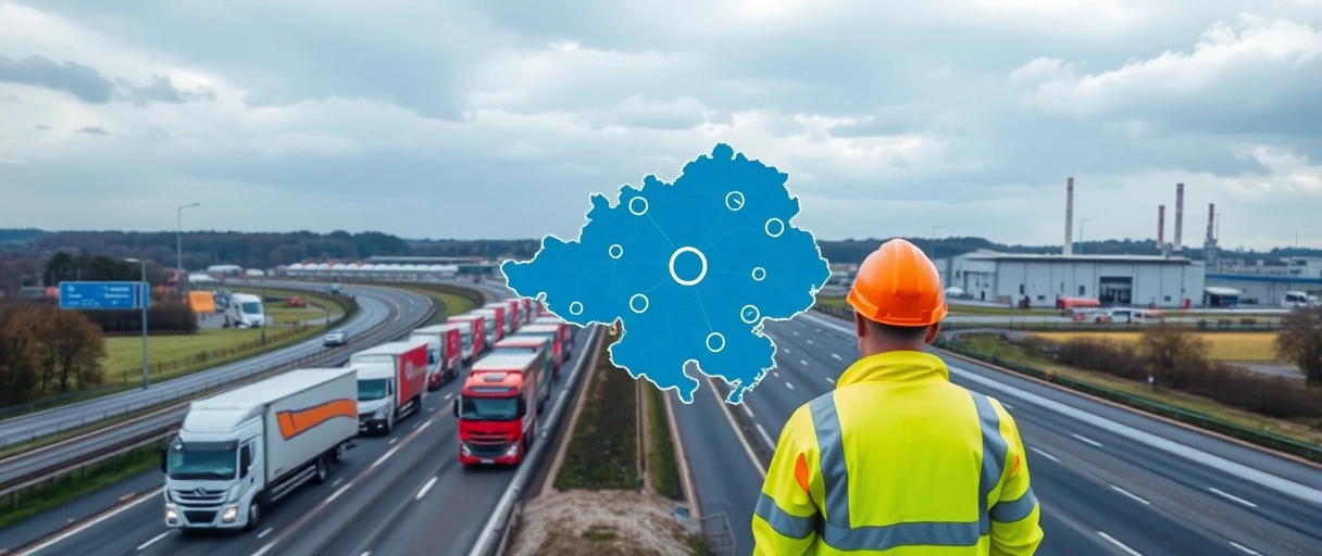 Ein Bild zeigt eine industrielle Landschaft in Zwickau mit LKWs auf Autobahnen (A4/A72), Lagerhallen und einer Volkswagen-Fabrik im Hintergrund. Arbeiter in Sicherheitskleidung stehen vor einem Netzwerk-Symbol, umgeben von einer Karte Sachsens mit hervorgehobener zentraler Lage.