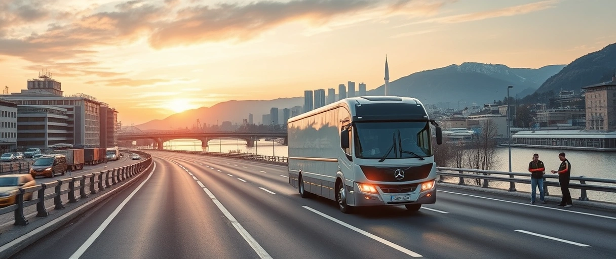 Ein moderner Lkw fährt auf einer Straße vor der Skyline Zürichs mit dem Fluss Limmat, umgeben von Lagerhallen, Paletten und Mitarbeitern in Sicherheitswesten mit Tablets. Im Vordergrund symbolisieren Pfeile und ein abstrakter Lieferketten-Grafikstil Dynamik und globale Vernetzung.
