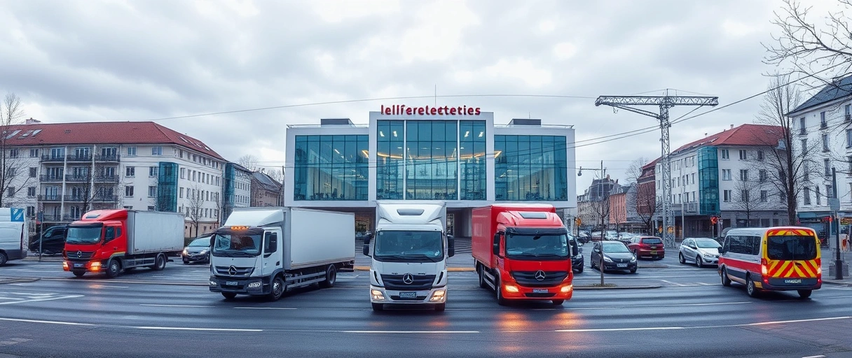 Ein dynamisches Stadtpanorama mit vernetzten Lieferketten, LKWs vor einem Verwaltungsgebäude und digitalen Planungsoberflächen, daneben Notfallfahrzeuge und Straßeninfrastruktur – Symbole für systemrelevante Organisation im Gemeinwohl.
