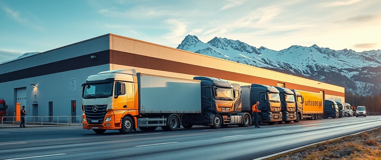 Ein dynamisches Bild zeigt eine moderne Logistikzentrale in Österreich mit LKWs, Lagerarbeitern und digitalen Systemen vor alpiner Kulisse, symbolisiert Innovation und Teamarbeit in der Branche.