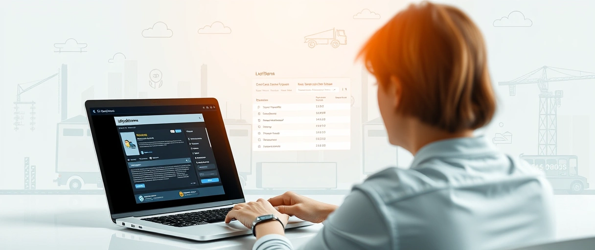 Eine Person nutzt auf einem Laptop eine moderne Jobplattform mit Filterfunktionen, während im Hintergrund Logistik-Symbole wie LKWs, Lagerregale und globale Lieferketten visualisiert werden. Das Interface zeigt intuitiv Stellenangebote aus Transportwesen und Lagerlogistik ohne sichtbaren Text, betont durch eine klare, fokussierte Atmosphäre.