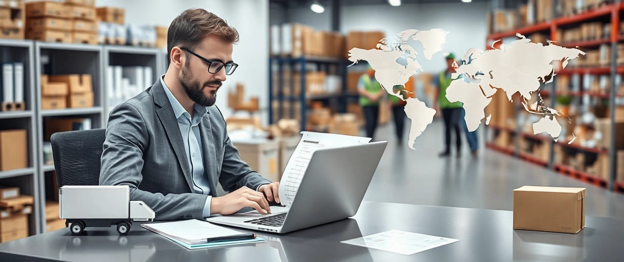 Ein professioneller Logistik Koordinator arbeitet an einem modernen Schreibtisch mit Laptop, Checkliste und Kalender, umgeben von Symbolen wie Lieferwagen, Verpackungsmaterial und einer Weltkarte. Im Hintergrund sind organisierte Regale mit Dokumenten und ein Team im Lagerbereich zu sehen, das effizient zusammenarbeitet.